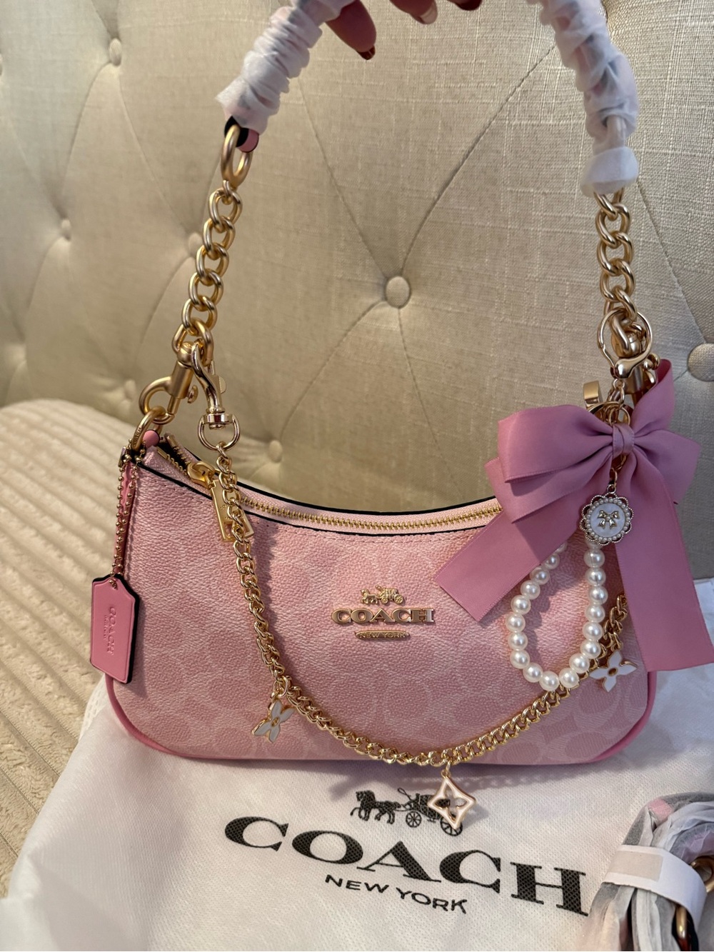 Coach Pink Signature Shoulder Bag with Gold Chain and Bow Charm